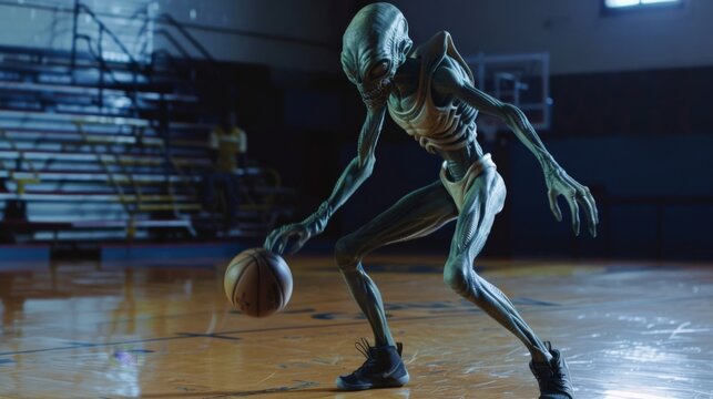 Alien basketball player dribbling the ball, playing game in gymnasium