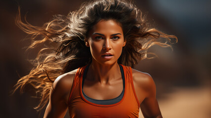 ambitious brunette runner in orange sport top - obrazy, fototapety, plakaty