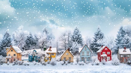 Winter Wonderland A Snowy Scene of Colorful Houses and Trees Generative AI