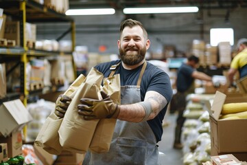 Happy Man in Apron Carrying Bags of Coffee Beans Generative AI