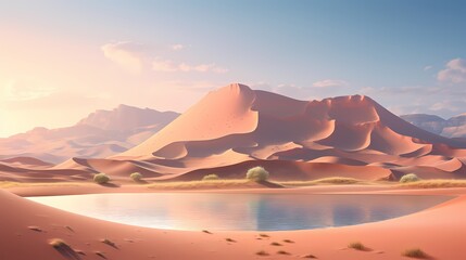 A desert oasis surrounded by massive sand dunes, where holographic mirages blend seamlessly with the 3D terrain.