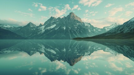 Naklejka na ściany i meble A surreal reflection of a mountain range in a glassy lake.