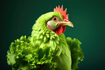 Vegetarian or vegan chicken, chick made out of lettuce, World Vegan Day or Vegetarian Week concept. profile view