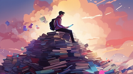 Student on a mountain of textbooks silhouette - obrazy, fototapety, plakaty