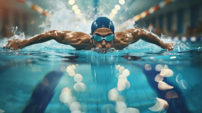 Competitive swimmer racing in pool