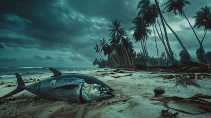a large tuna fish washed up on the beach, with a background of coconut trees on a remote island, Ai generated Images