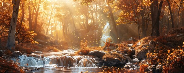 Fall Foliage Fantasy A Sunlit Forest Scene with Waterfall and Fallen Leaves Generative AI