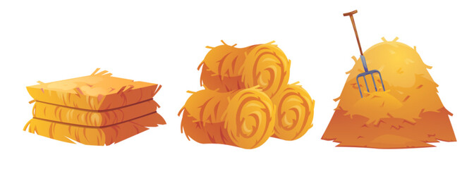 Hay stack and roll for farm design. Cartoon vector illustration set of bale straw pile for fodder and forage, countryside animals care or autumn harvest concept. Yellow agricultural rural haystack. © klyaksun