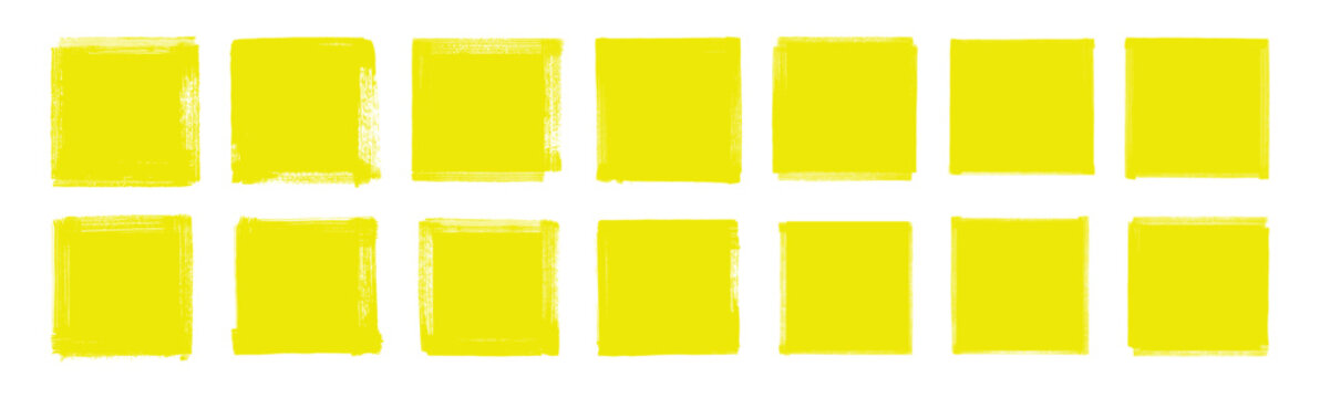 Set of vector yellow grunge ink brush stroke hand-painted squares. Abstract geometric shape collection. Grunge punk rough edge frames. Text box yellow backgrounds. Dirty grungy distressed rectangles