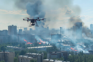Copter drone over city with smoke. Neural network generated image. Not based on any actual scene or pattern.