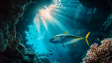 Fototapeten tuna fish swim in a coral reef cave, sunlight penetrates the air, creating a mesmerizing light effect in the air, Ai Generated Images © mohammad