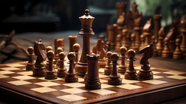 A wooden chessboard with chess pieces set for a game.