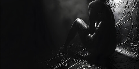 low key portrait of slim healthy woman in black background with fog and light from back. - obrazy, fototapety, plakaty