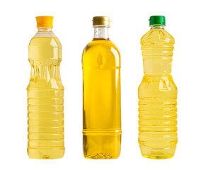Vegetable oil with olive oil in different bottle for cooking isolated on white background.