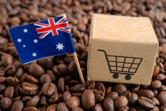 Australia flag with shopping cart on coffee bean, import export trade online commerce.