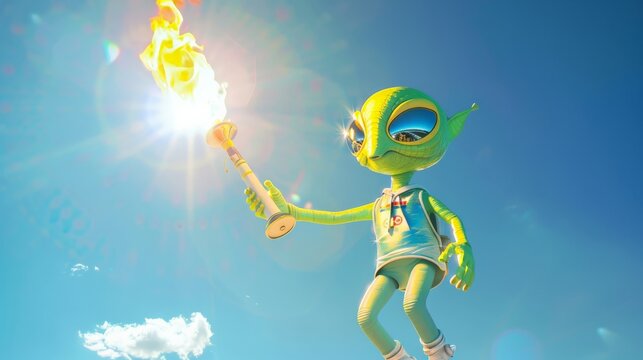 Cute alien athlete solemnly carries the Olympic flame against the blue sky.
