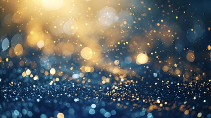 Golden light shine particles bokeh on navy blue background. Holiday. Abstract background with Dark blue and gold particle, shine, bright, sparkle, magical, glittering, texture, effect, space - obrazy, fototapety, plakaty