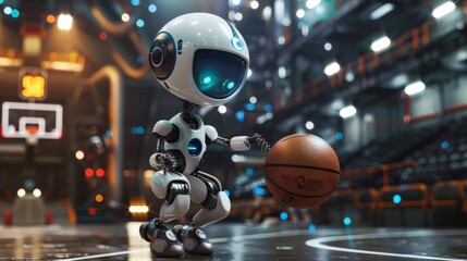 Cute robot basketball player dribbling the ball, playing game in gymnasium
