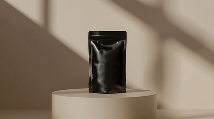 mock up standing pouch black plastic pouch neatly arranged on a podium on a neutral background, Ai Generated Images