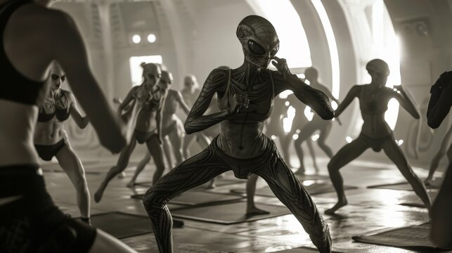 Fitness session led by an alien instructor, with participants performing exercises