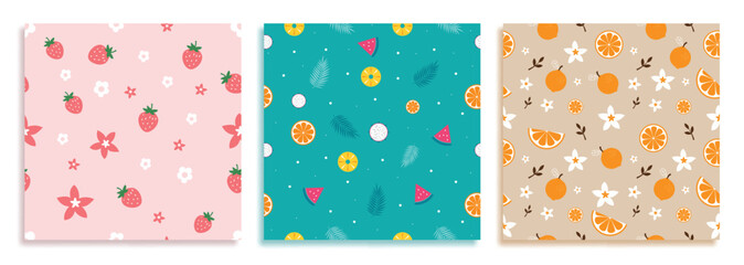 Summer seamless fruits vector set design. Summer endless pattern with strawberry, orange, pineapple and watermelon tropical fruit elements for wallpaper background. Vector illustration summer seamless