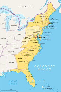 East or Atlantic Coast of the United States, political map. Eastern Seaboard states with coastline on Atlantic Ocean highlighted in yellow and States considered part of the East Coast in light yellow.