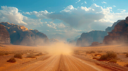 Landscape view of dusty road going far away nowhere in Wadi Rum desert, Jordan.
