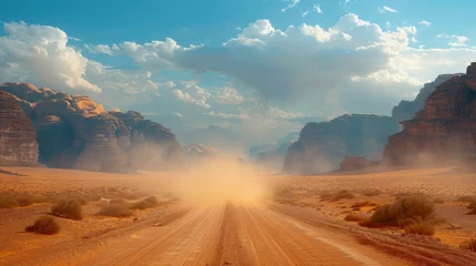 Foto auf Glas Landscape view of dusty road going far away nowhere in Wadi Rum desert, Jordan. © Matthew