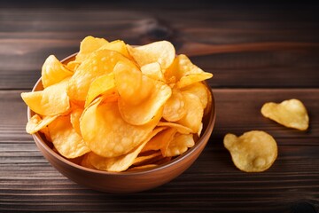 A bowl of crispy potato chips on a wooden table, a staple food
