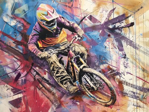 An intense BMX rider maneuvers with skill amidst a burst of vibrant, abstract street art splashes and strokes