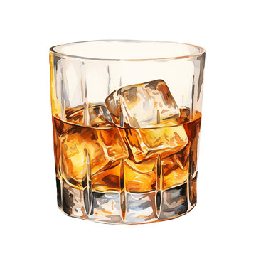 Whiskey glass watercolor clipart illustration on transparent background