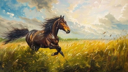 A vivid oil painting capturing the dynamic energy of a majestic horse galloping freely across a sunlit field