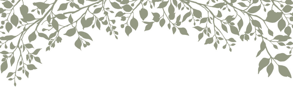 Frame with silhouettes of tree branches and leaves. Abstract flat floral border, nature background. Editable vector illustration