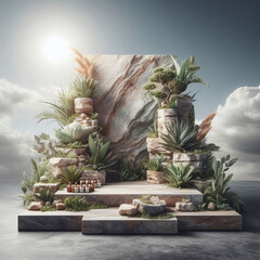 nature Podium display stage with natural stone and tropical leaf for presentation background