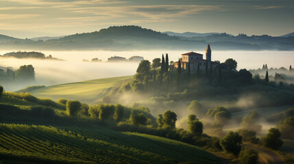 Tuscany Village Landscape near Florence on a Foggy