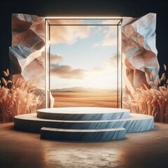 nature Podium display stage with natural stone and tropical leaf for presentation background