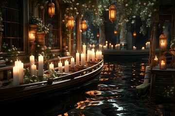 3d illustration of a gondola with candles on the water - obrazy, fototapety, plakaty
