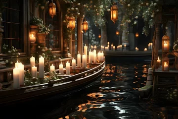 Poster 3d illustration of a gondola with candles on the water © Iman