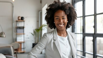  afro-american adult female smiling, wearing formal modern suit clothes with neutral