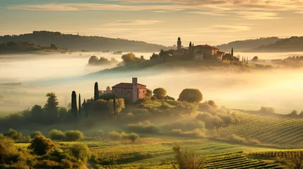 Fotobehang Tuscany Village Landscape near Florence on a Foggy © Anaya