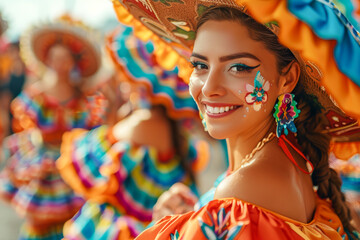 Portrait of a beautiful Mexican dancer smiling brightly, adorned with traditional face paint and a vividly colored costume, embodying the spirit of a cultural fiesta.