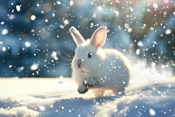 A fluffy white bunny hopping through a snowy wonderland