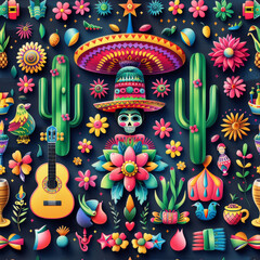 This festive illustration celebrates Dia de los Muertos with a decorated skull, colorful cacti, and traditional Mexican motifs amidst bright florals and a guitar.