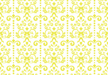 Floral pattern. Vintage wallpaper in the Baroque style. Seamless vector background. White and yellow ornament for fabric, wallpaper, packaging. Ornate Damask flower ornament