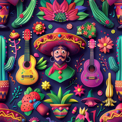 A vibrant illustration showcasing a Mexican mariachi in traditional attire, surrounded by guitars, cacti, and a plethora of lively, colorful flora.