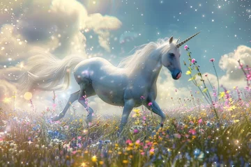 Fotobehang A magical unicorn prancing in a meadow filled with sparkling flowers © AI Farm
