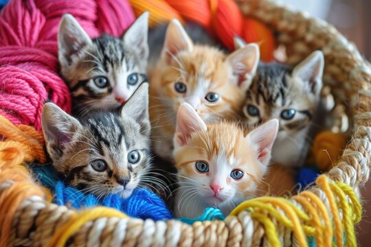 A group of playful kittens in a basket tangled in a rainbow of yarn