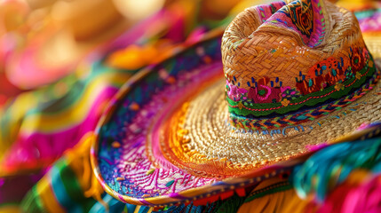 Close-up of a colorful Mexican sombrero, showcasing the intricate patterns and vivid hues of traditional Mexican craftsmanship. - obrazy, fototapety, plakaty