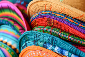 Close-up of a stack of vibrant Mexican sombreros, showcasing the intricate patterns and colors typical of traditional Mexican attire. - obrazy, fototapety, plakaty