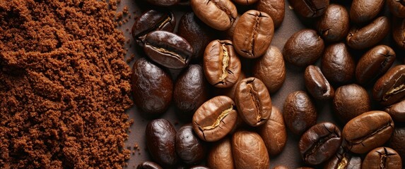 Coffee beans background with close-up view of roasted beans, creating a natural and aromatic scene